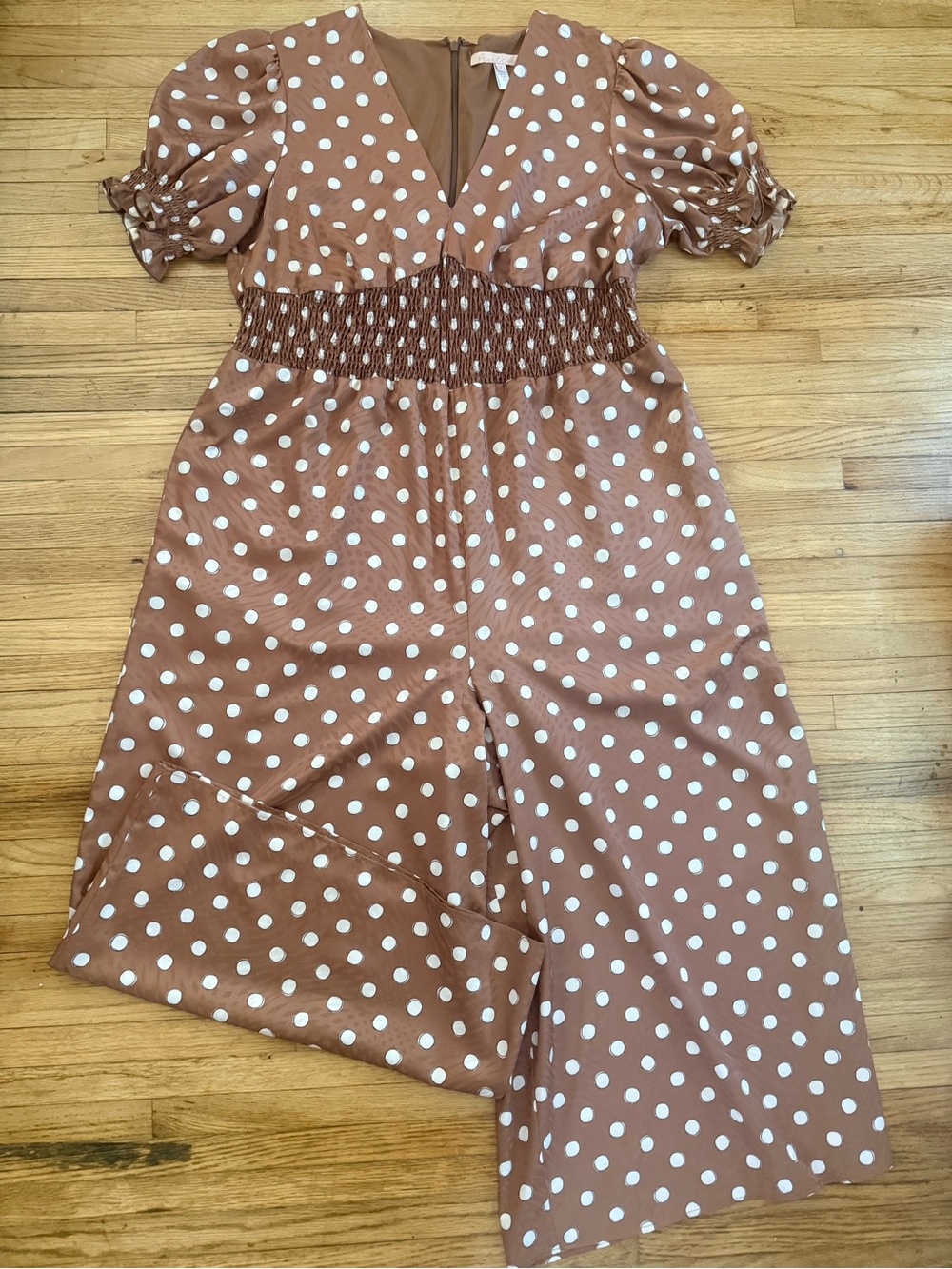 Hutch Rust Brown and White Polka Dot Puff Sleeve Smocked Waist Dress